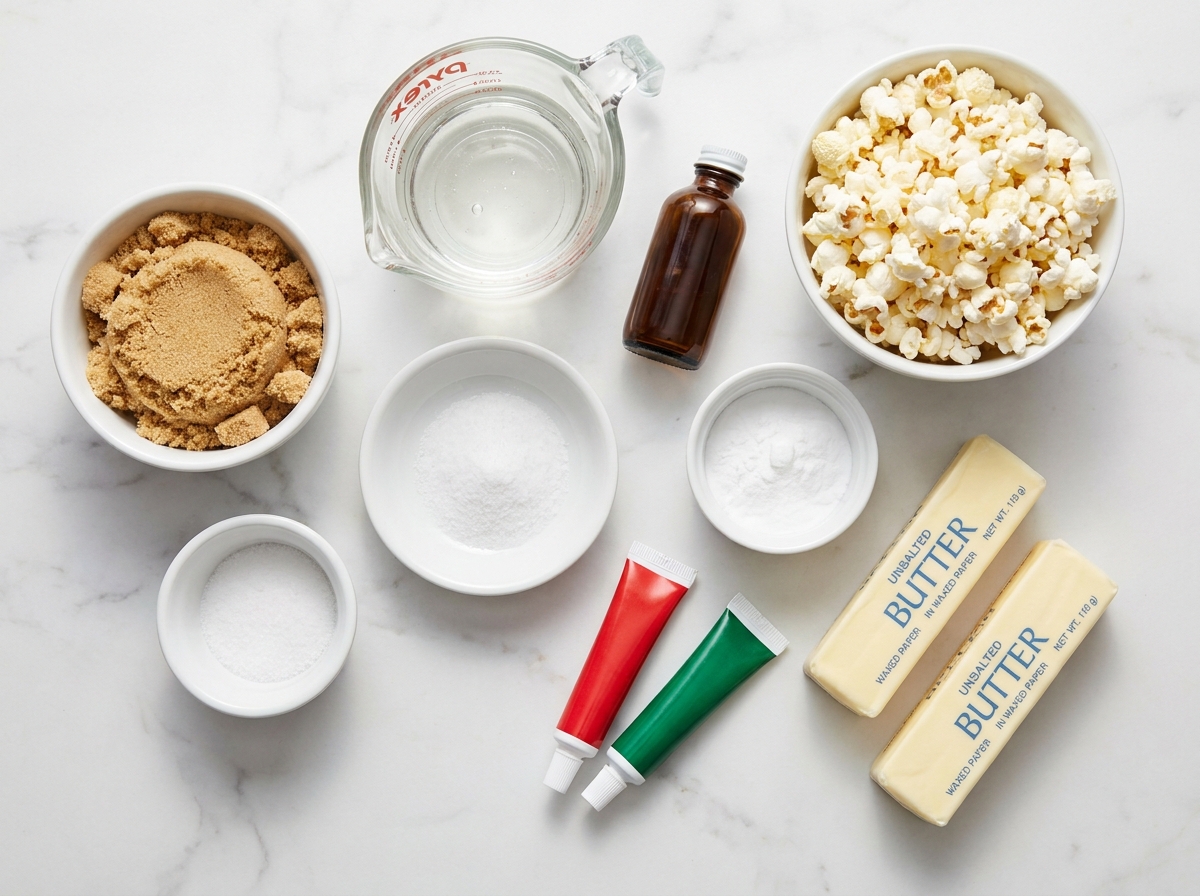 Ingredients for red and green Christmas caramel popcorn on a wood surface