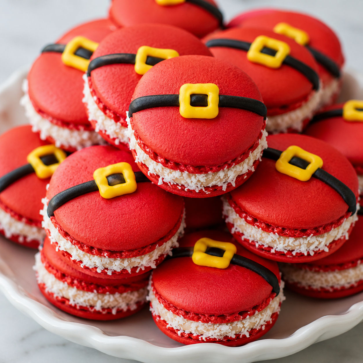 Santa Claus macarons with red shells, belt icing, and coconut edges