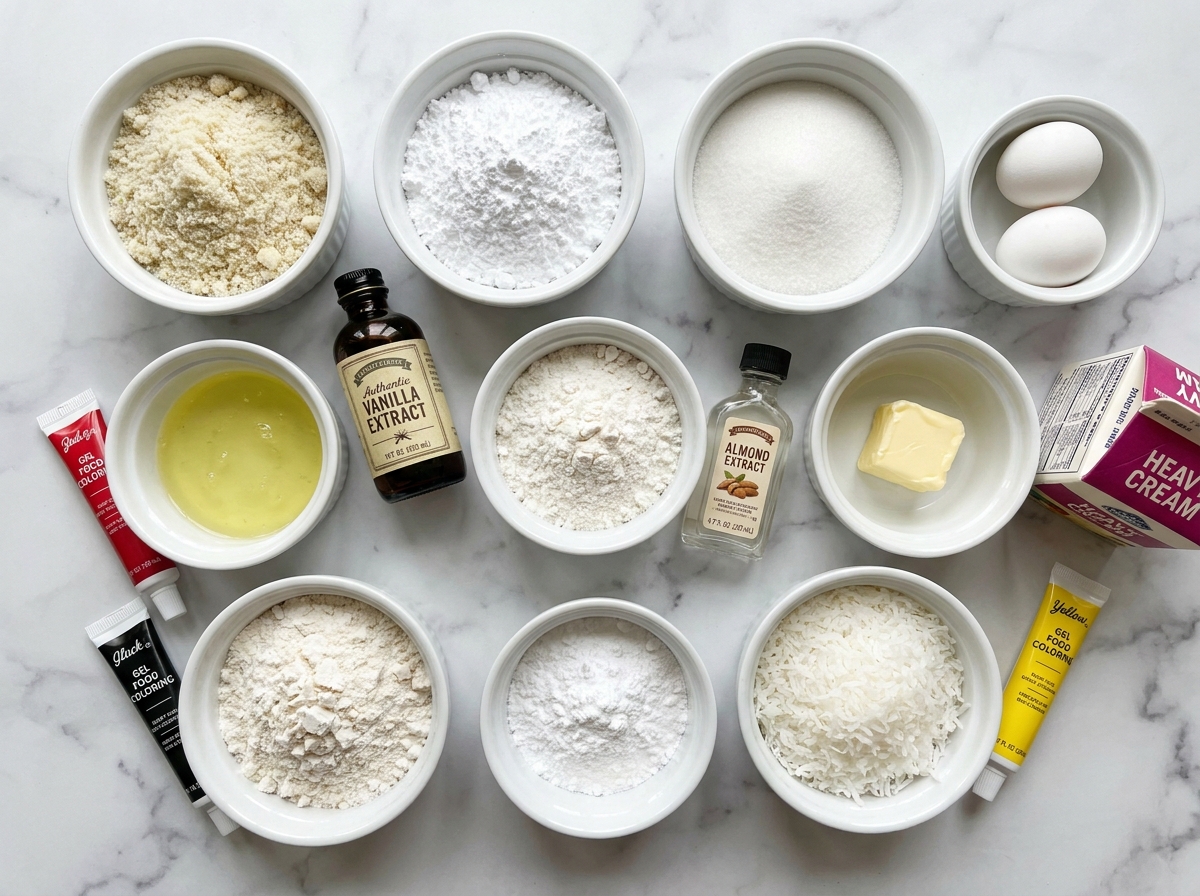 Ingredients for Santa Claus macarons with butter, almond flour, and coconut