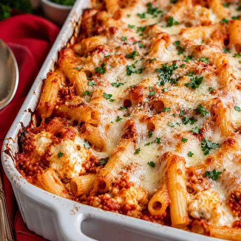 Christmas cheesy baked ziti with melted mozzarella and parsley