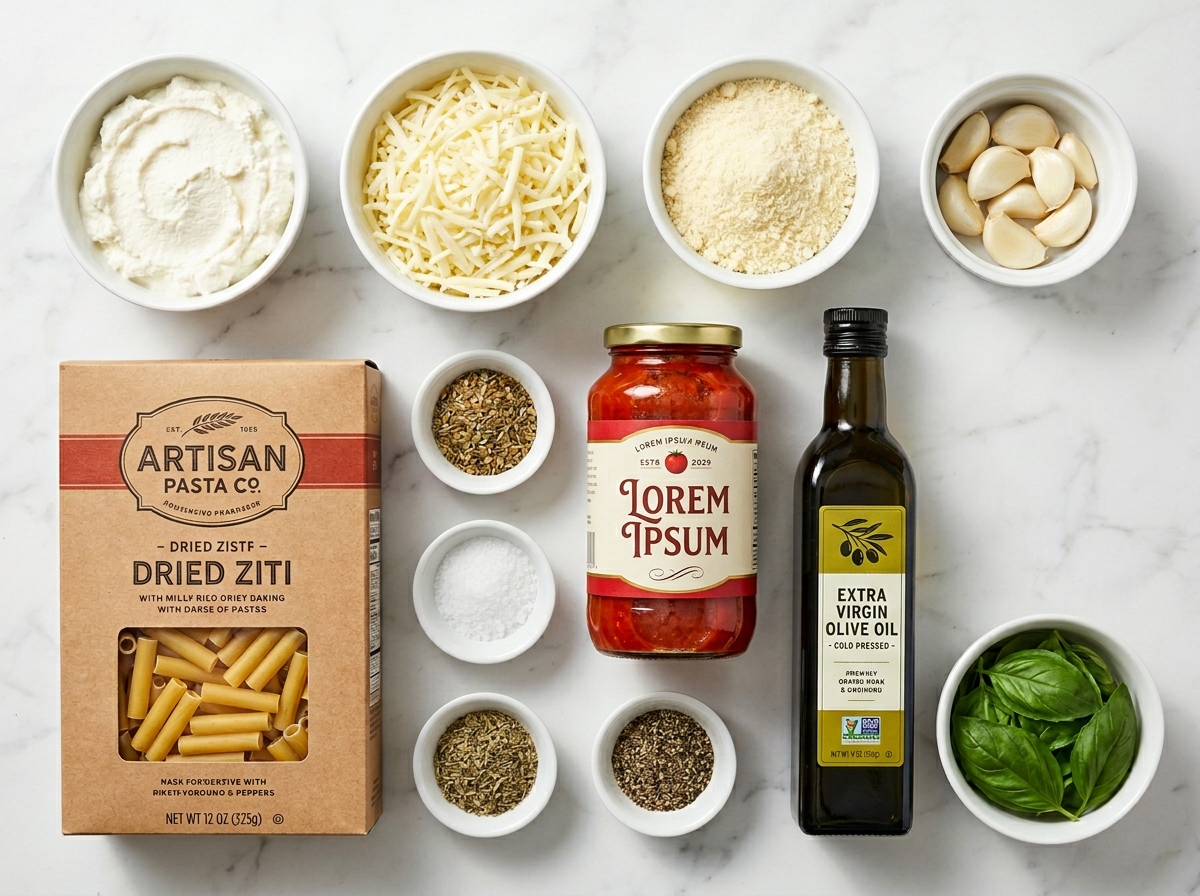 Ingredients for Christmas cheesy baked ziti with pasta, sauce, and cheese