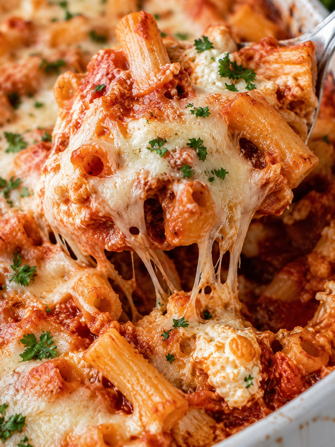 Festive and Easy Christmas Cheesy Baked Ziti, plated and served
