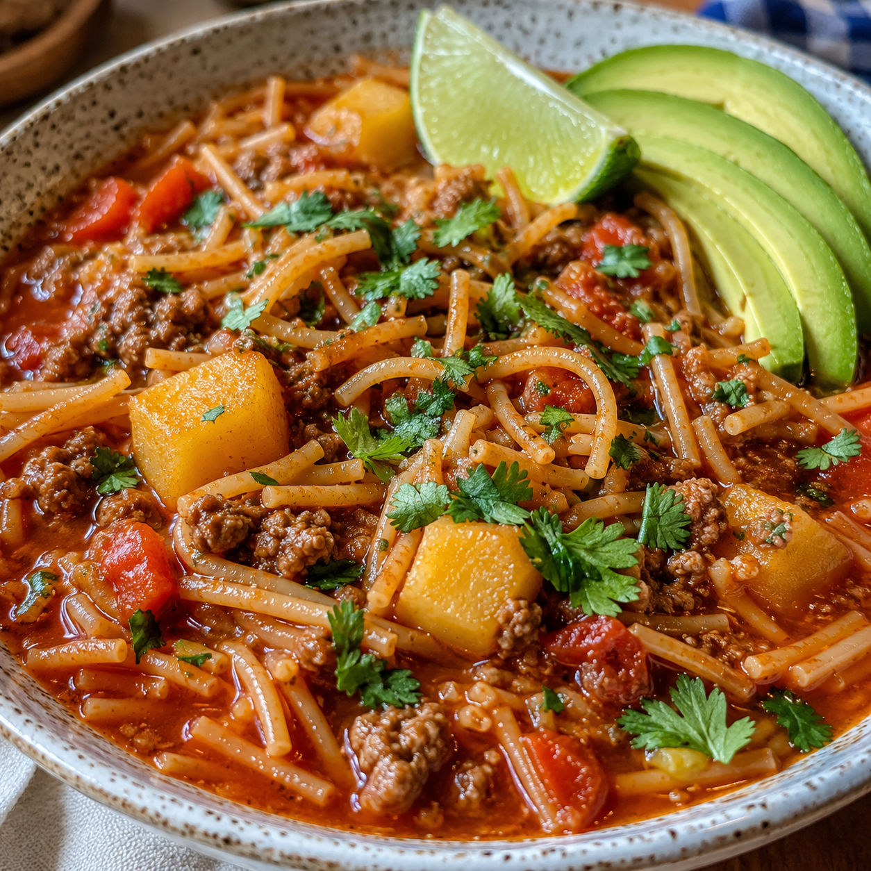 Fideo with ground beef, potatoes, cilantro, lime, and avocado