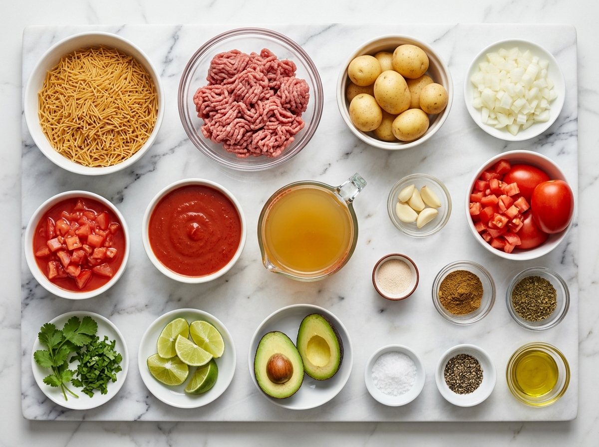 Ingredients for fideo with ground beef and potatoes on a wooden surface