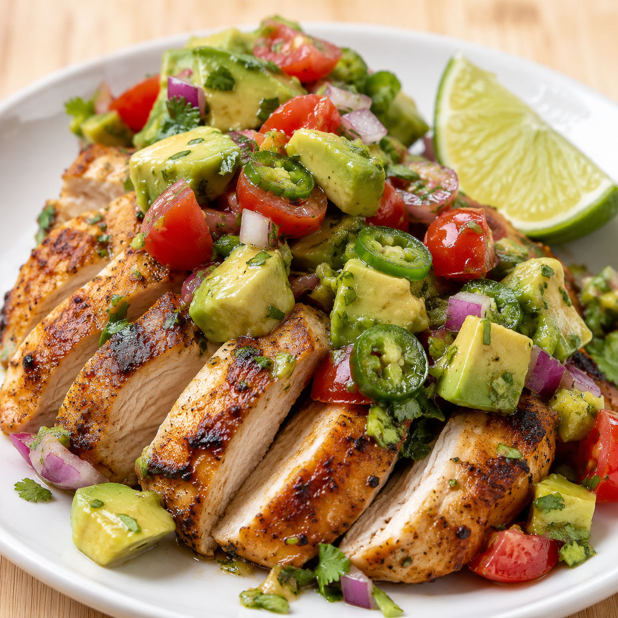 Sliced fiesta lime chicken topped with fresh avocado salsa and lime wedge