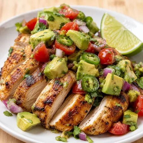 Sliced fiesta lime chicken topped with fresh avocado salsa and lime wedge