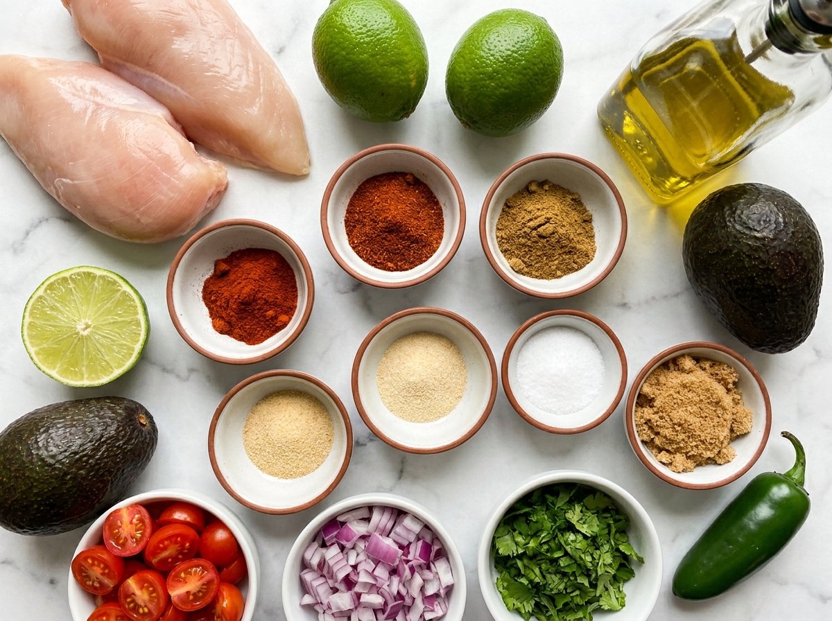 Raw ingredients for fiesta lime chicken and avocado salsa on a wooden board