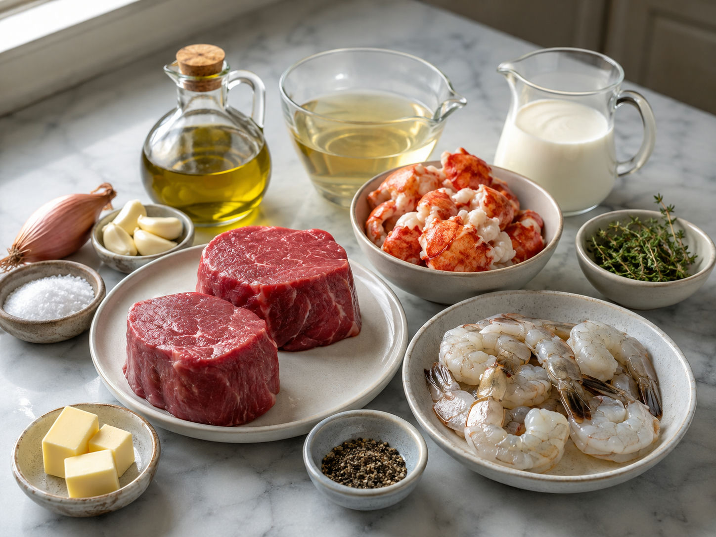 Ingredients for Filet Mignon Shrimp Lobster Dinner laid out