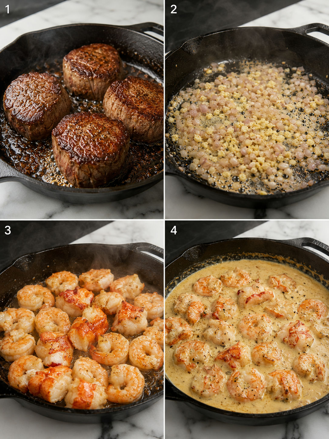 Four cooking steps for filet mignon with shrimp and lobster cream sauce