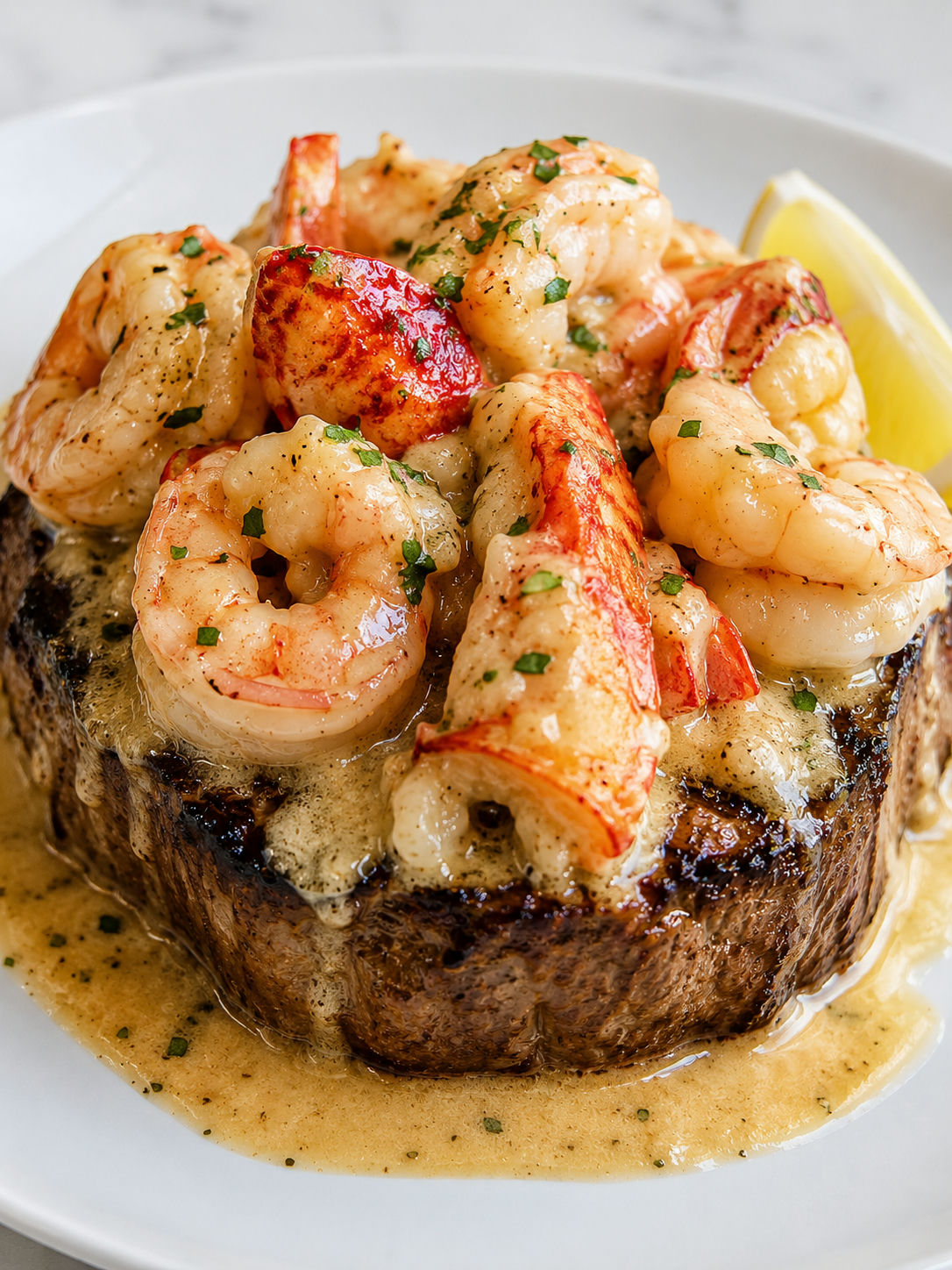 Seared filet mignon topped with shrimp, lobster, cream sauce, and parsley