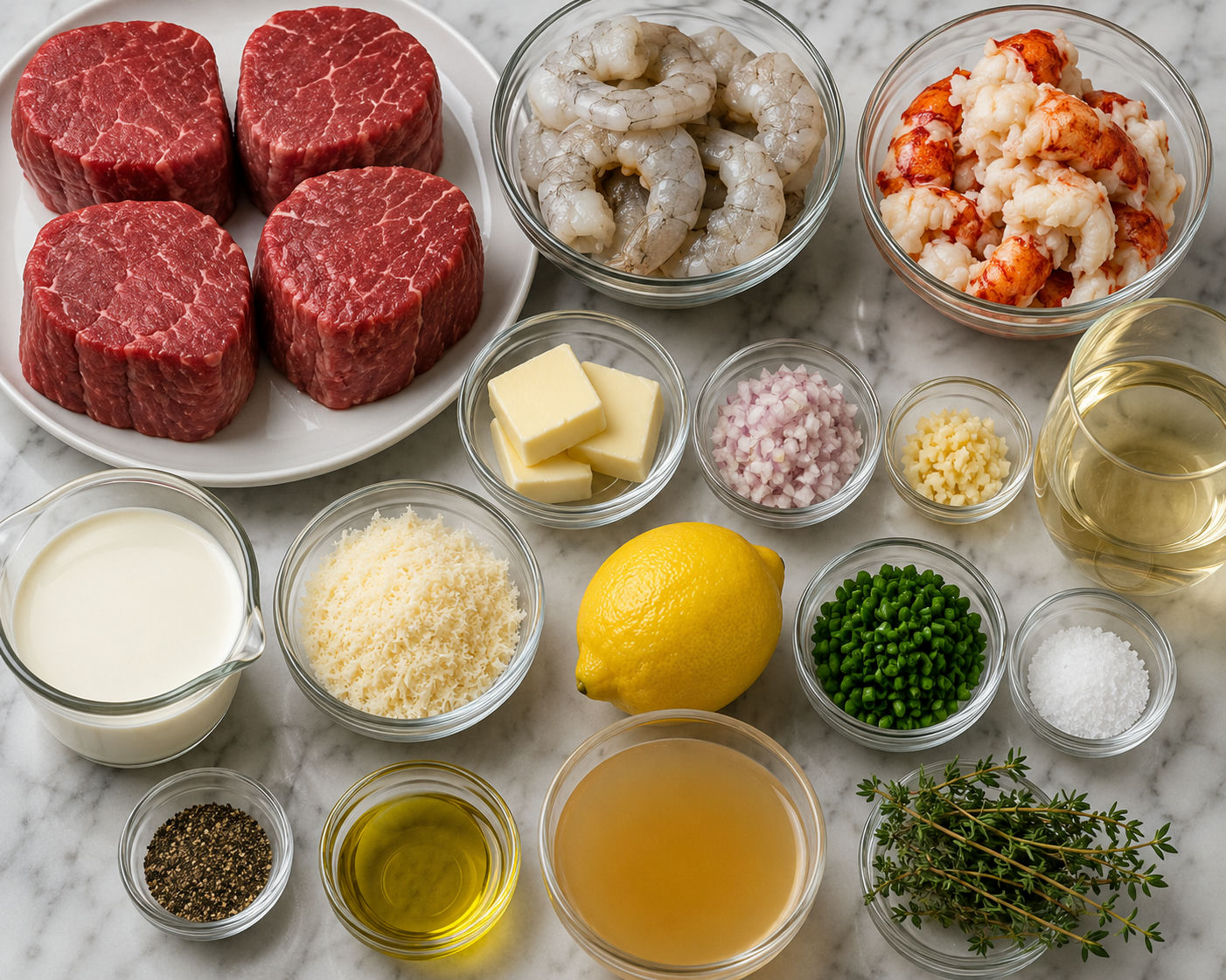 Filet mignon, shrimp, lobster, cream, herbs, and sauce ingredients
