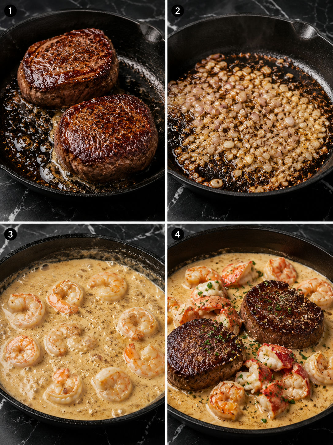 Four cooking steps for filet mignon with shrimp and lobster sauce