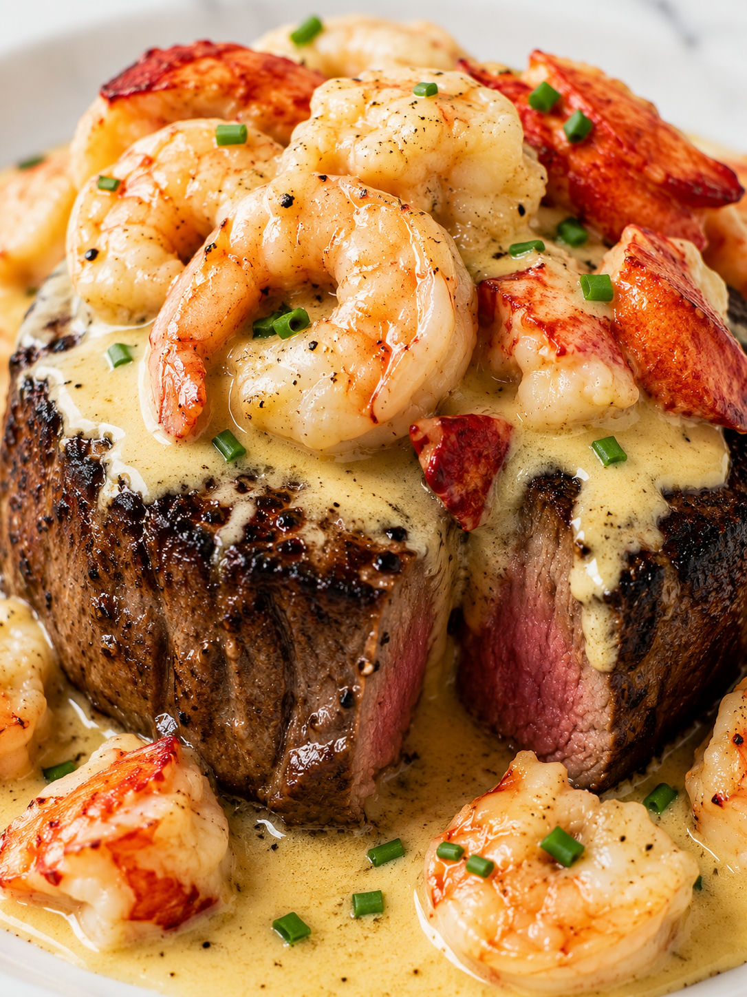 Sliced filet mignon with shrimp, lobster cream sauce, and chives