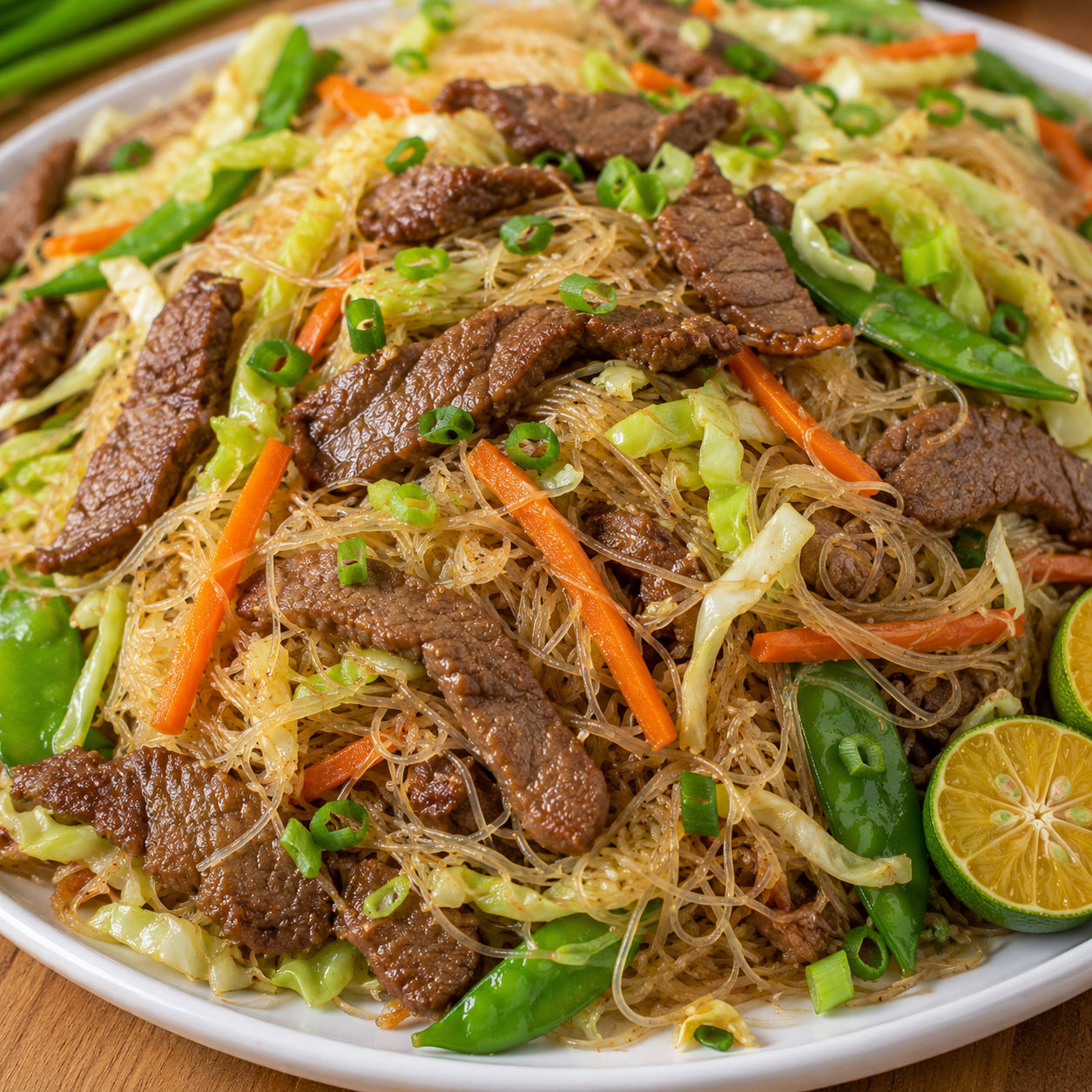 Filipino pancit with beef, bihon noodles, vegetables, and calamansi