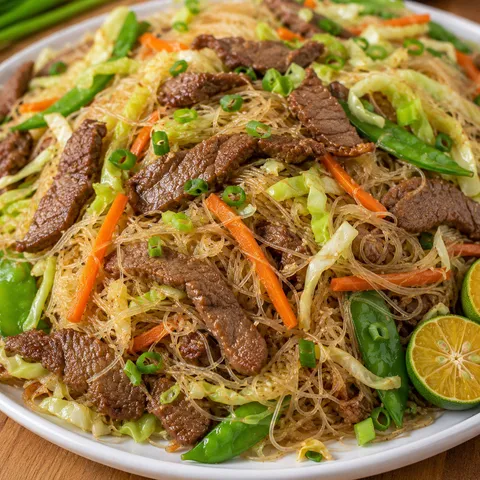 Filipino pancit with beef, bihon noodles, vegetables, and calamansi