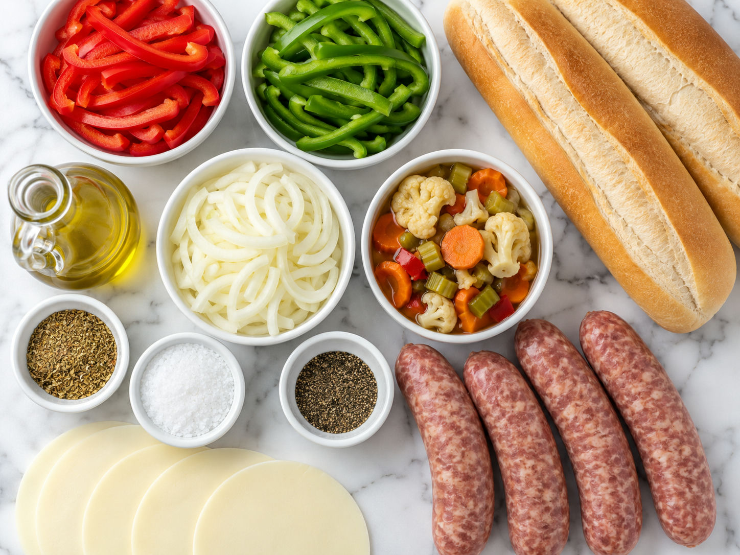 Ingredients for Italian sausage pepper hoagies with hot giardiniera
