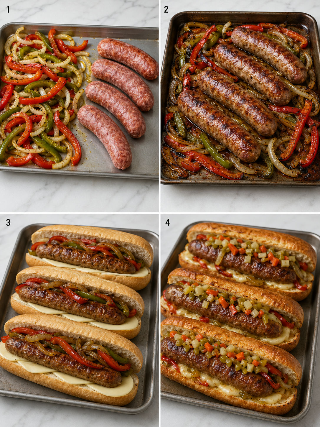 Four cooking steps for Italian sausage pepper hoagies