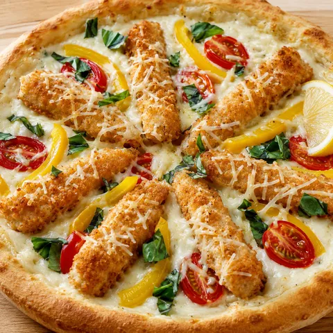 Fish Stick Alfredo Pizza with mozzarella, tomatoes, peppers, and basil