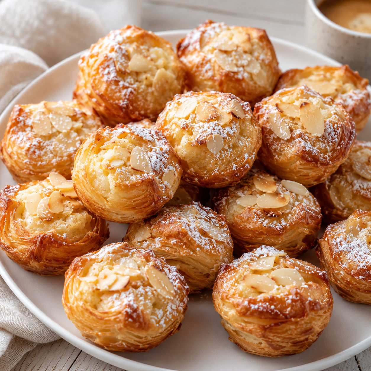 Flaky almond croissant bites with sliced almonds and powdered sugar