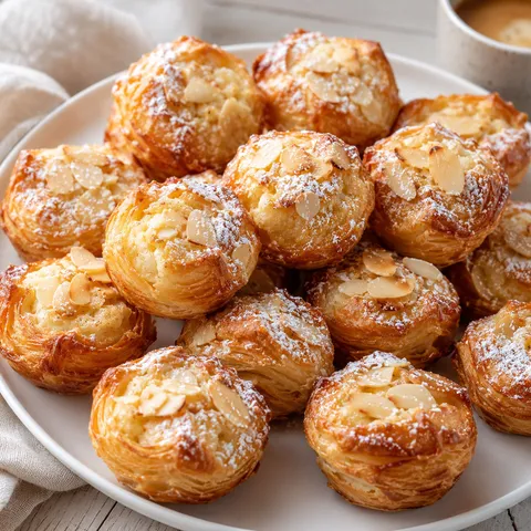 Flaky almond croissant bites with sliced almonds and powdered sugar
