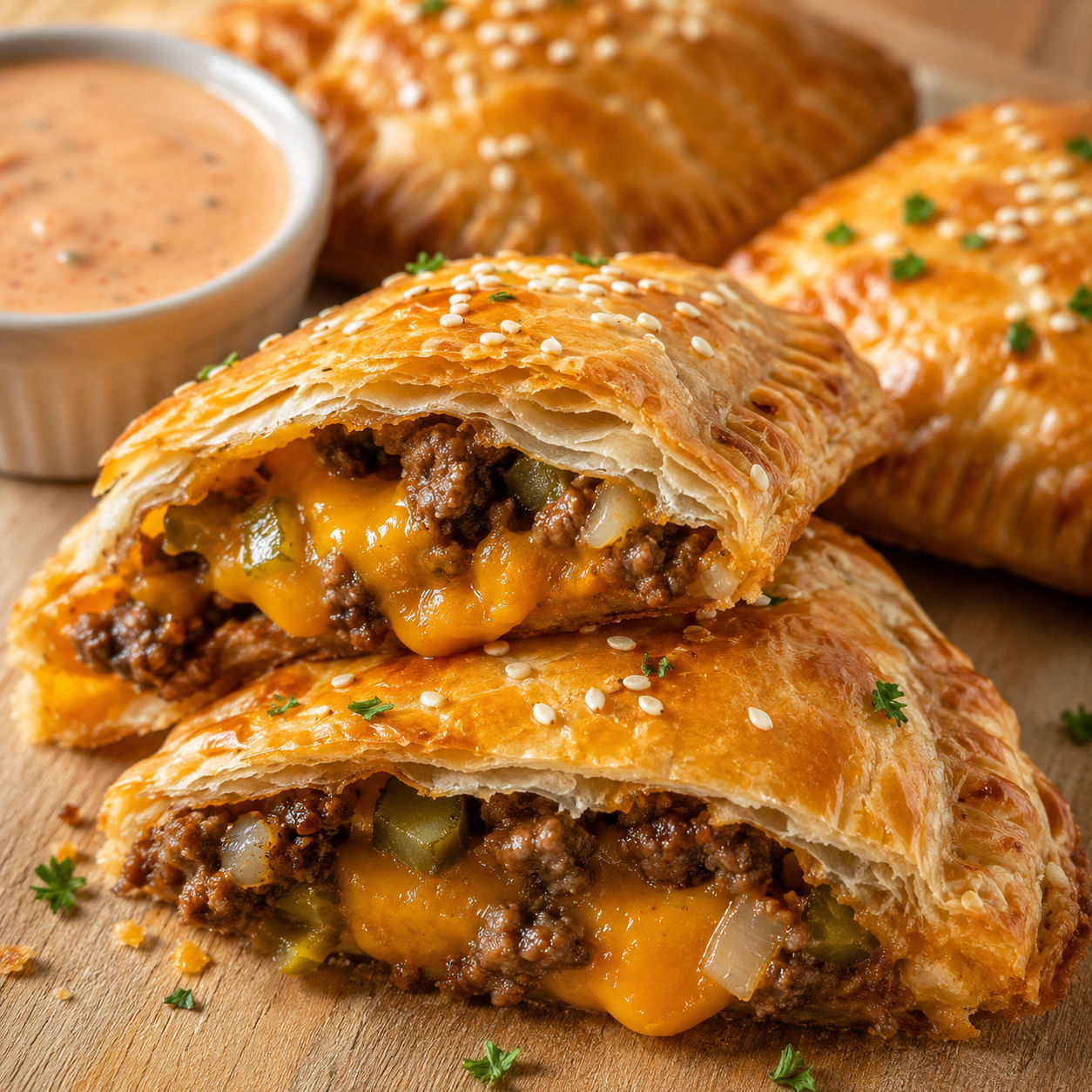 Flaky cheeseburger pastries with cheddar beef filling and burger sauce