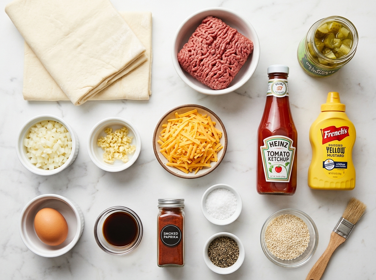 Ingredients for cheeseburger pastries with puff pastry beef and cheddar