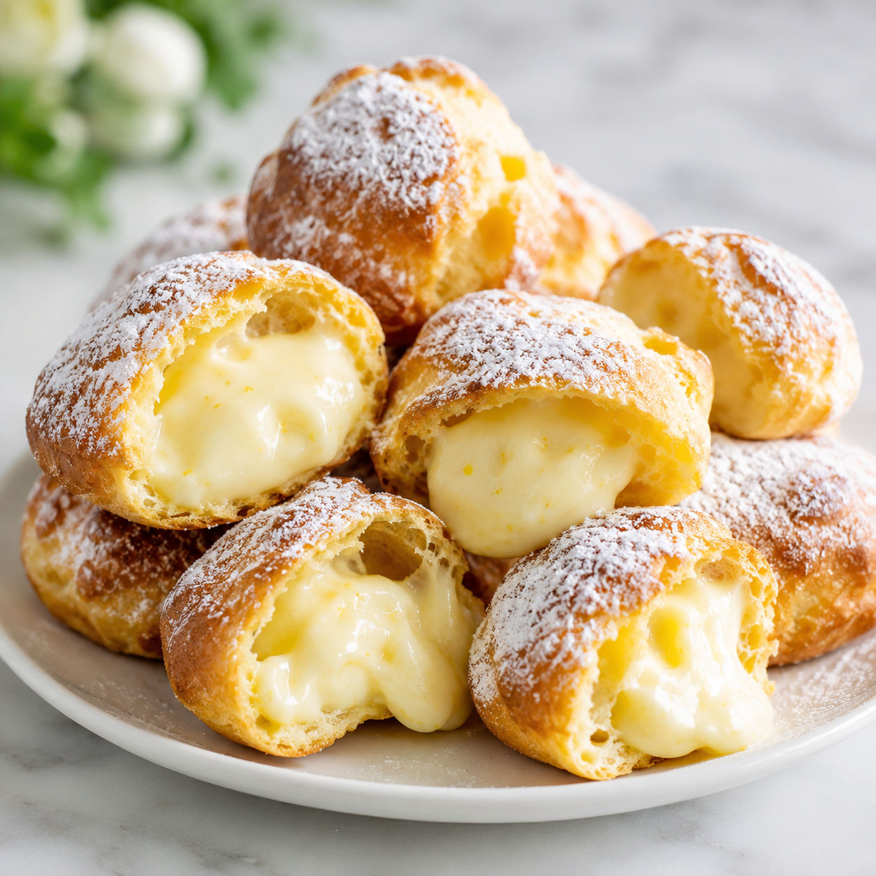 Italian cream puffs filled with vanilla custard and dusted with powdered sugar