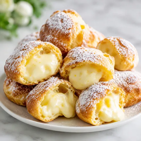 Italian cream puffs filled with vanilla custard and dusted with powdered sugar