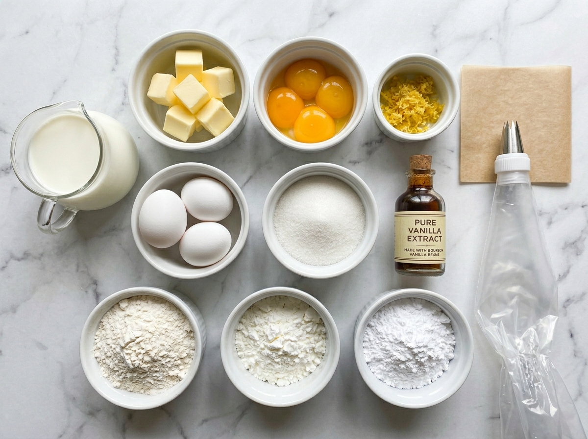 Ingredients for Italian cream puffs with custard on a marble surface
