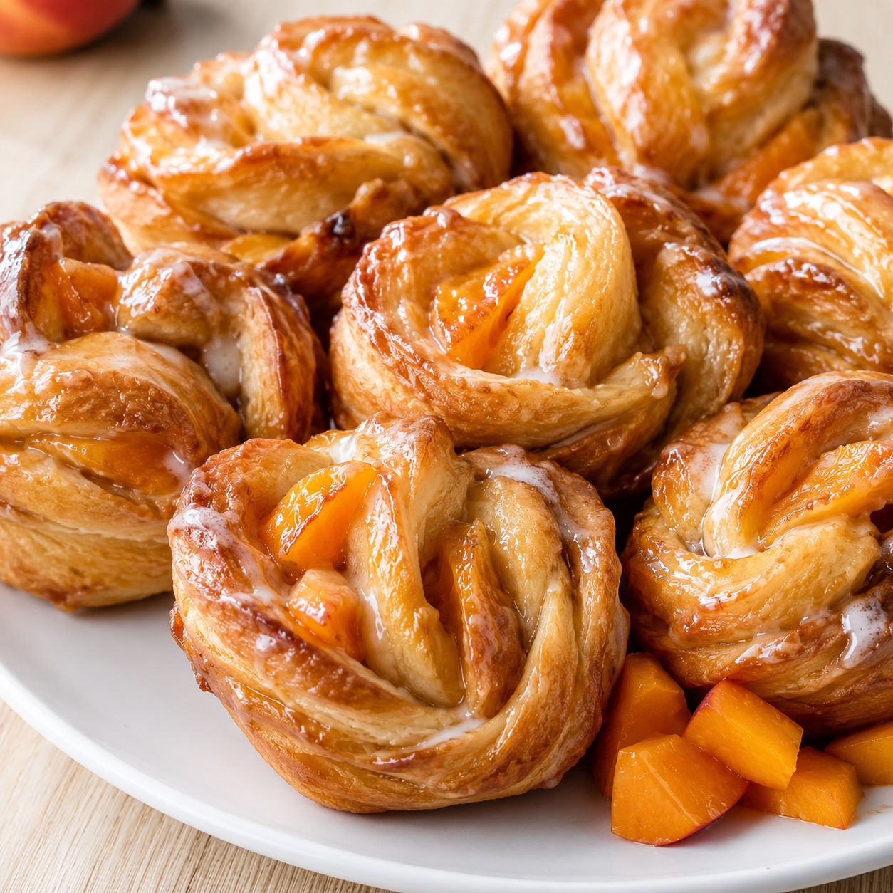 Golden peach cruffins with vanilla glaze on a white plate