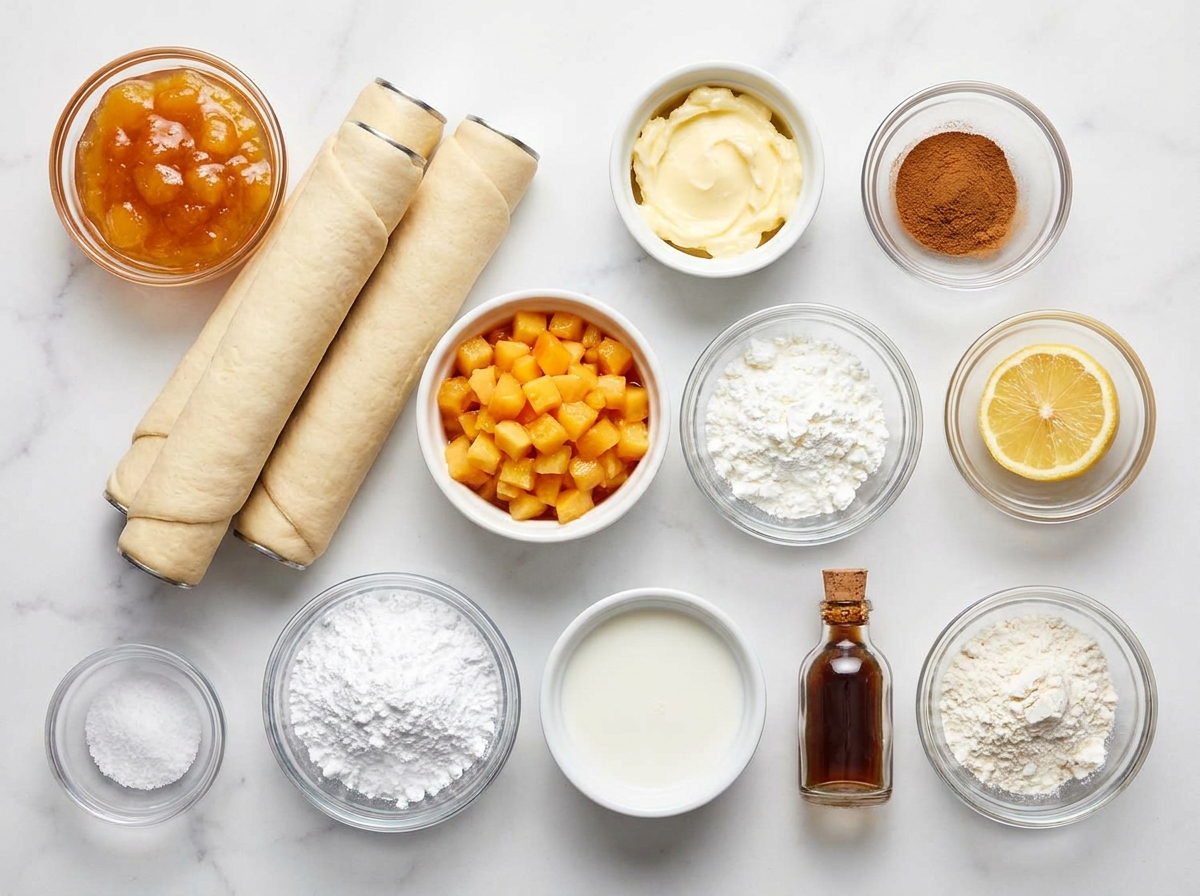 Ingredients for peach cruffins with crescent dough and glaze