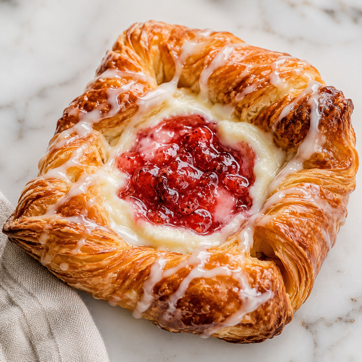 Flaky strawberry cream cheese danish puff pastry with vanilla glaze drizzle