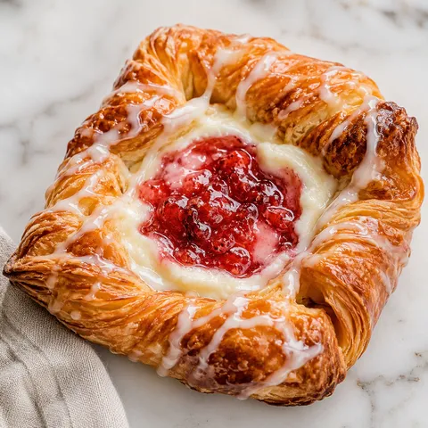 Flaky strawberry cream cheese danish puff pastry with vanilla glaze drizzle