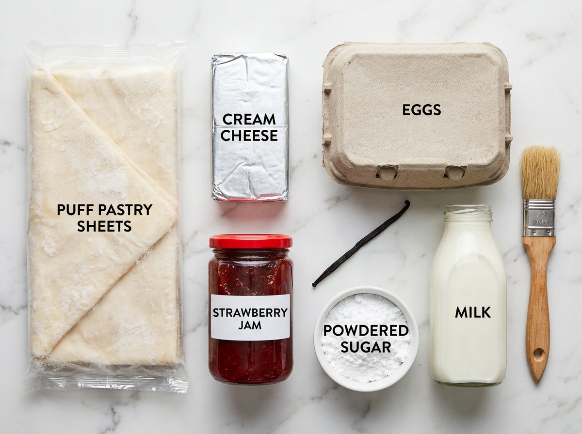 Raw ingredients for strawberry cream cheese danish puff pastry on a wooden board