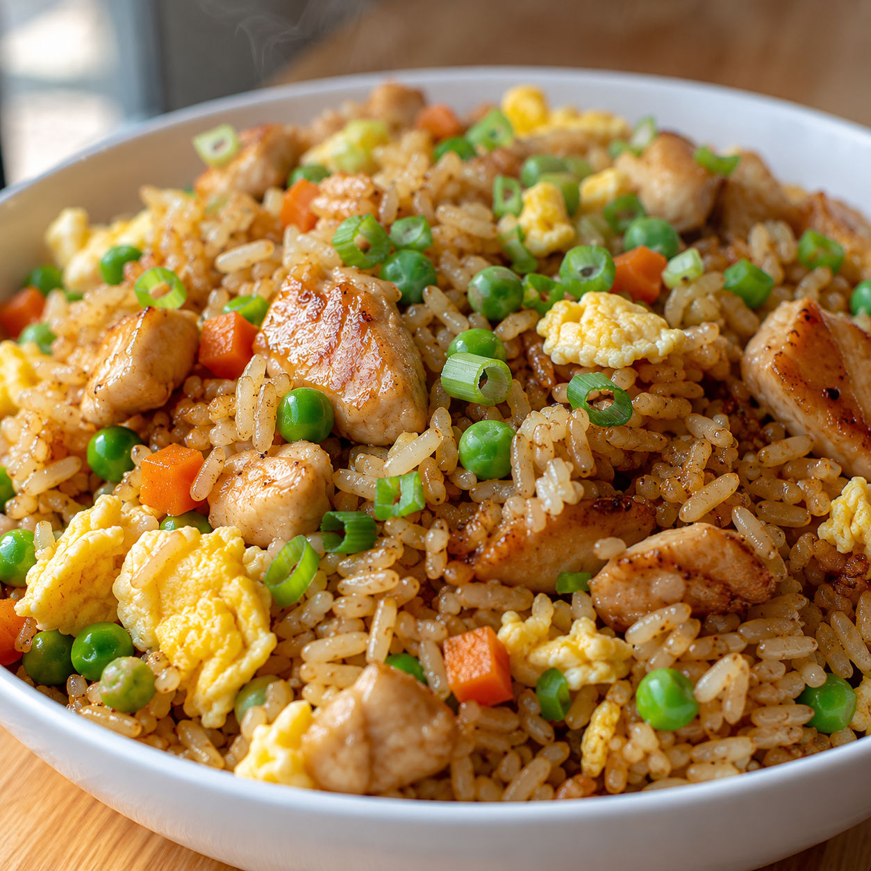 Chicken fried rice with egg, peas, carrots, and scallions in a white bowl