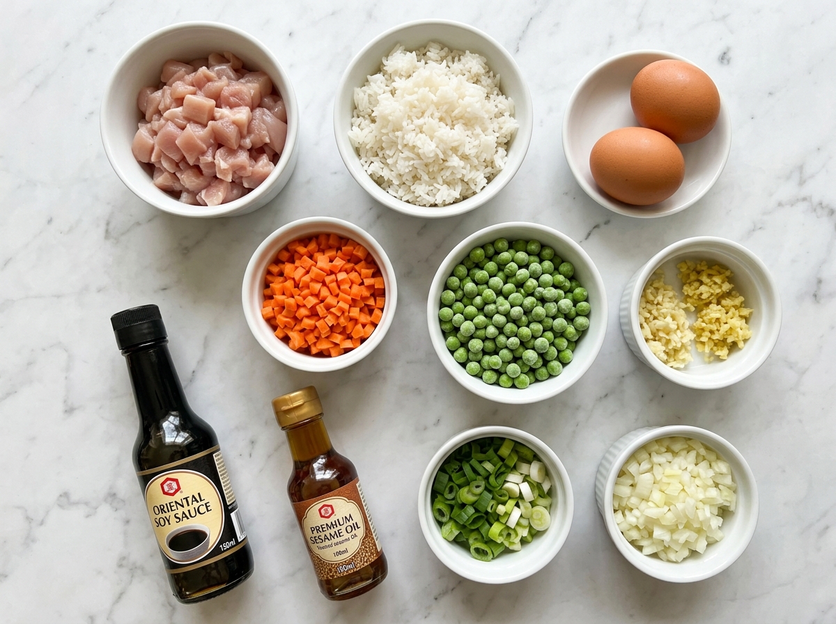 Raw ingredients for chicken fried rice on a wooden counter