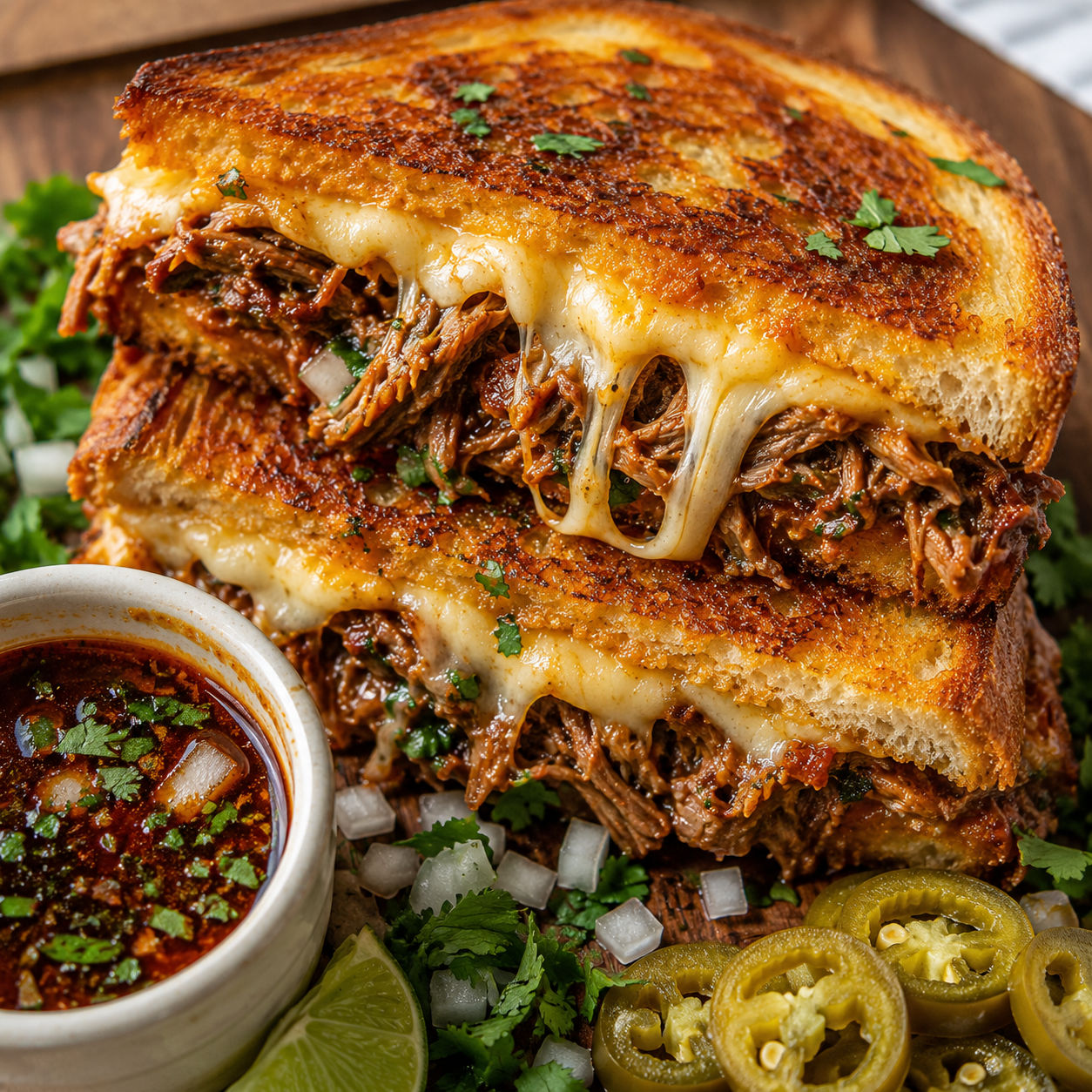 Birria grilled cheese with melted cheese and consomme for dipping