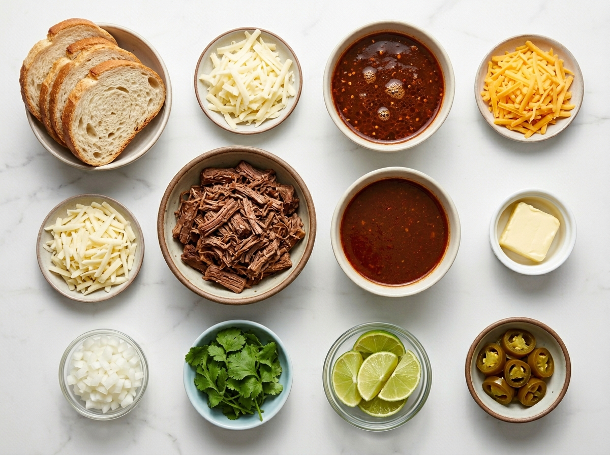 Ingredients for birria grilled cheese with beef, cheese, sourdough, and consomme