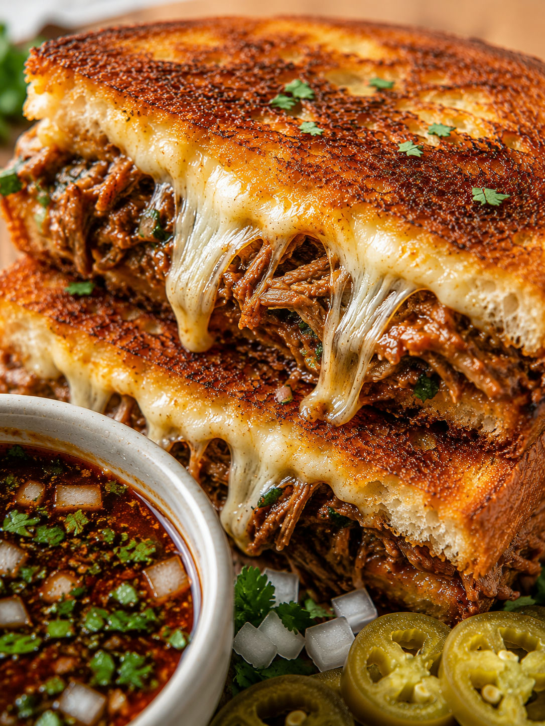 Flavorful Birria Grilled Cheese, plated and served
