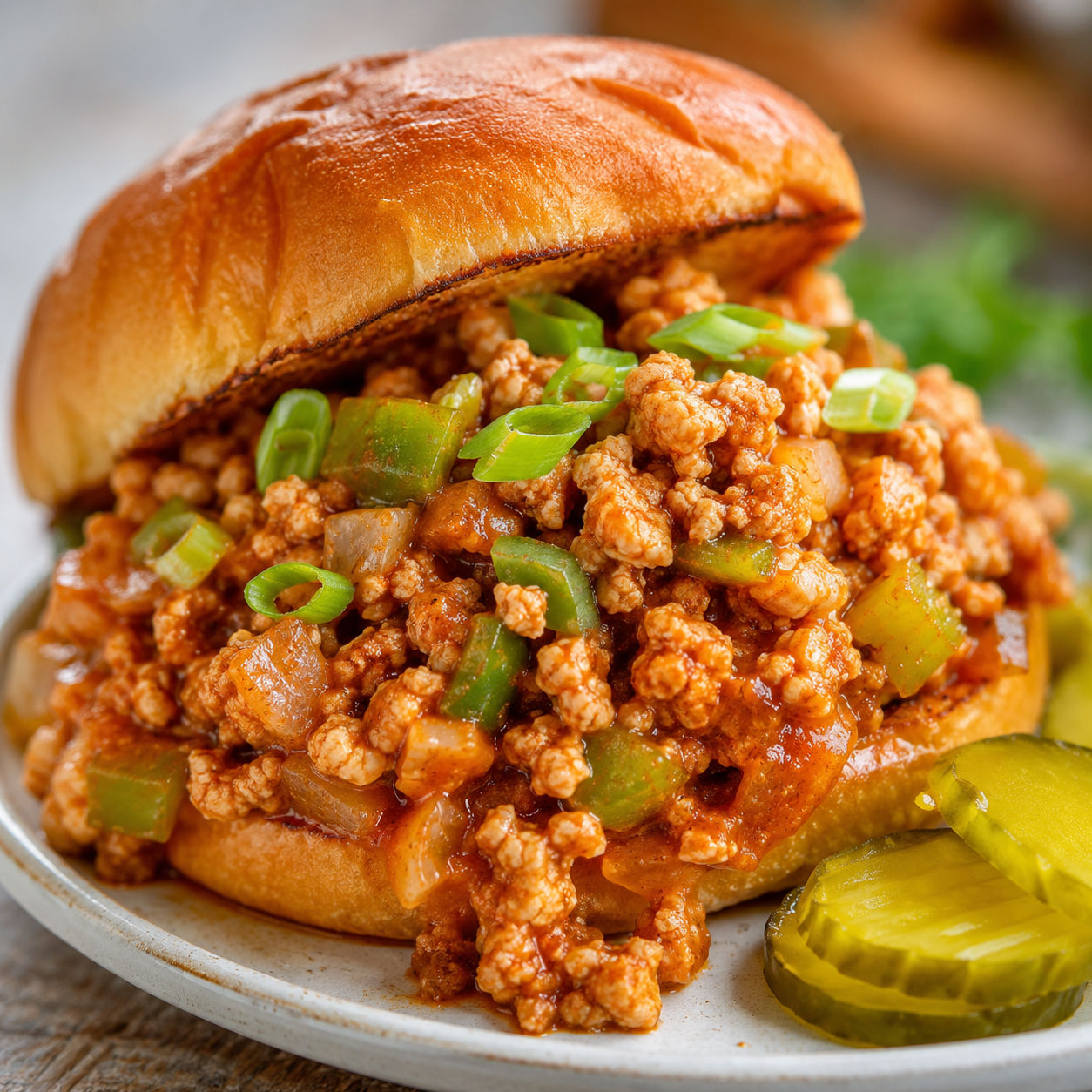 Cajun chicken sloppy joe on a toasted bun with scallions and pickles