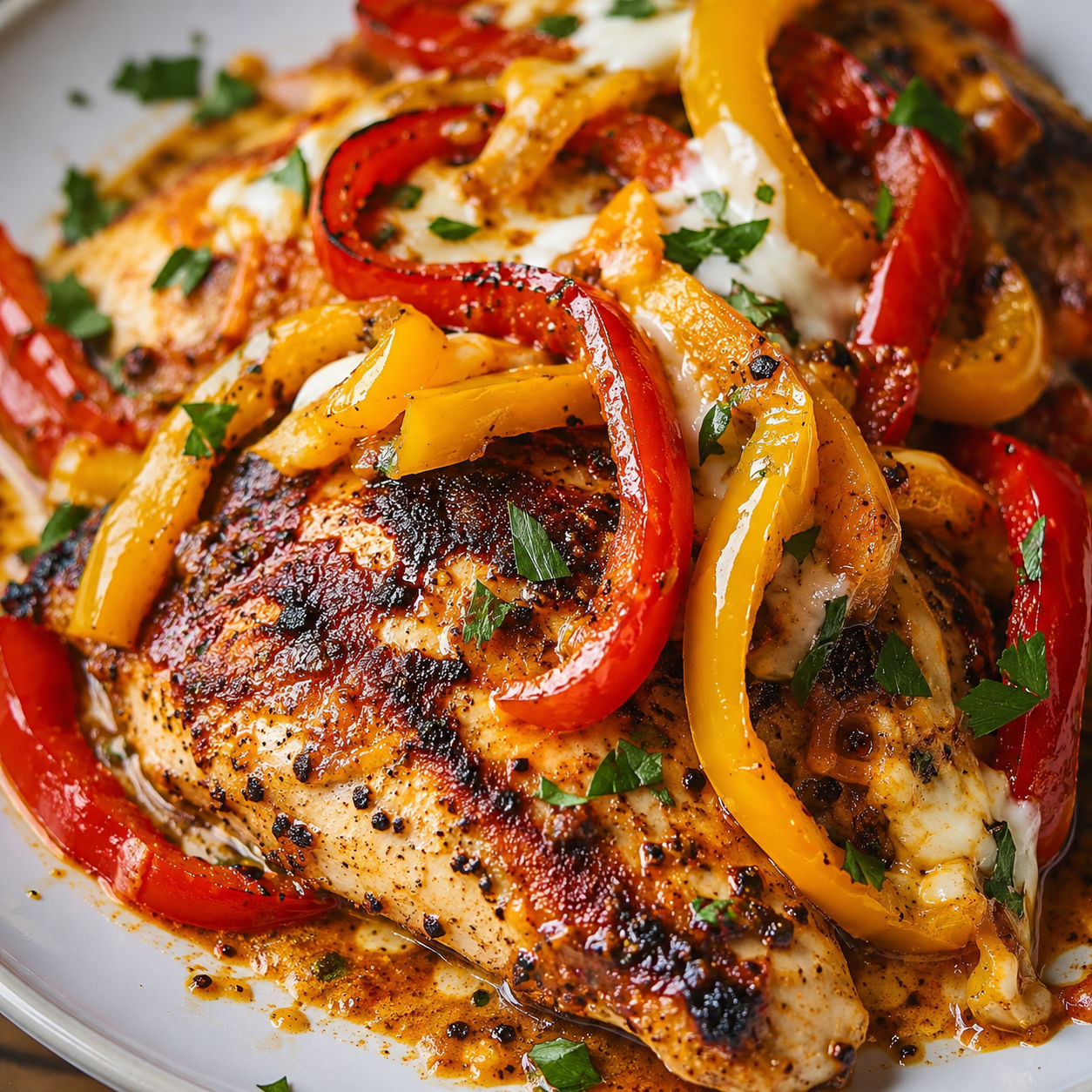 Cajun chicken with bell peppers, melted cheese, and parsley on a plate