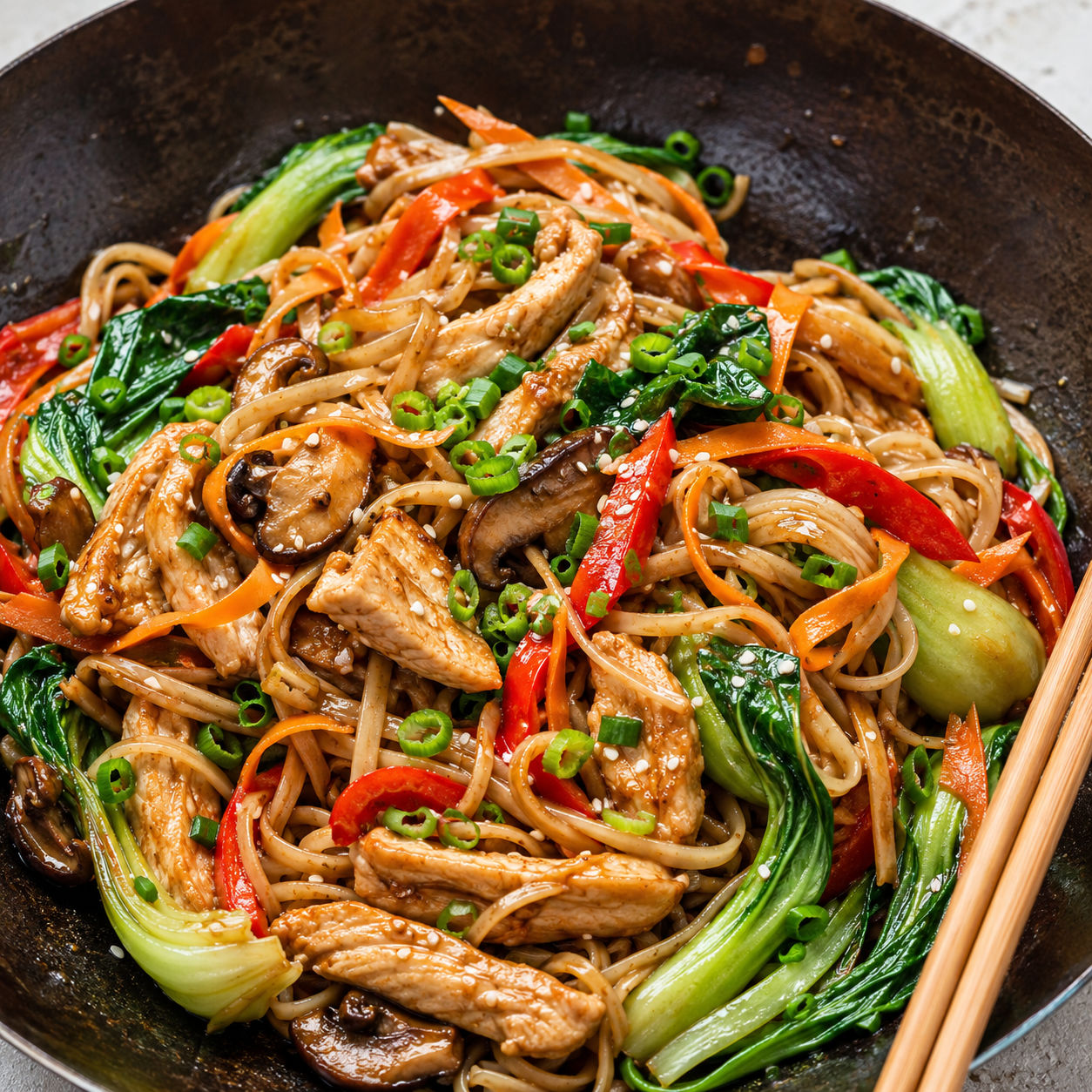 Chicken stir fry with rice noodles, vegetables, green onions, and sesame seeds