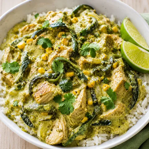 Creamy chicken and poblano skillet with corn, cilantro, and lime over rice