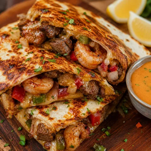 Creole steak and shrimp quesadilla wedges with spicy sauce