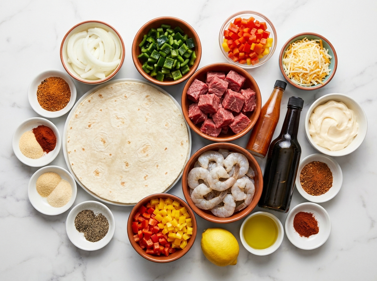 Raw steak, shrimp, peppers, cheese, tortillas, and spicy sauce ingredients