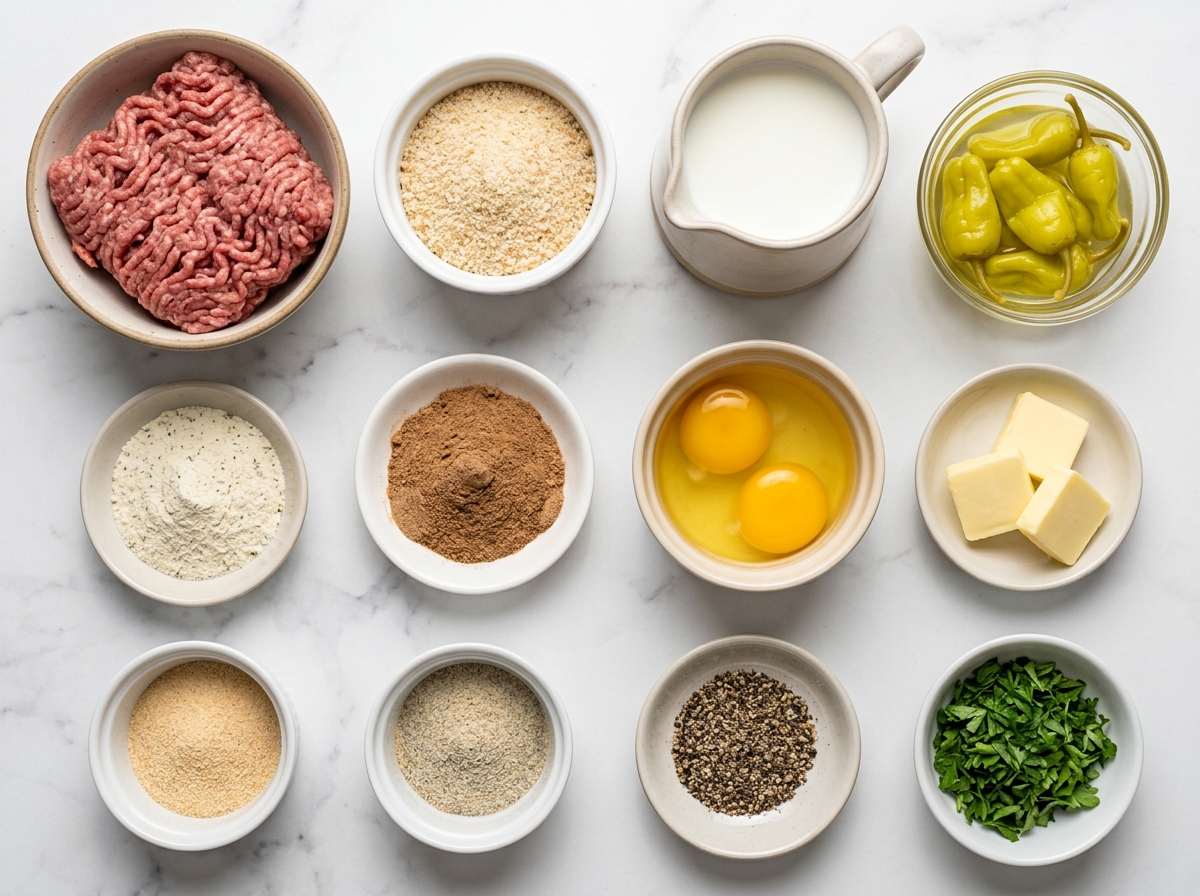 Ingredients for Mississippi meatloaf with beef, pepperoncini, butter, and seasonings