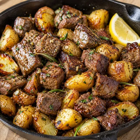 Garlic butter steak bites and golden potatoes in a cast iron skillet