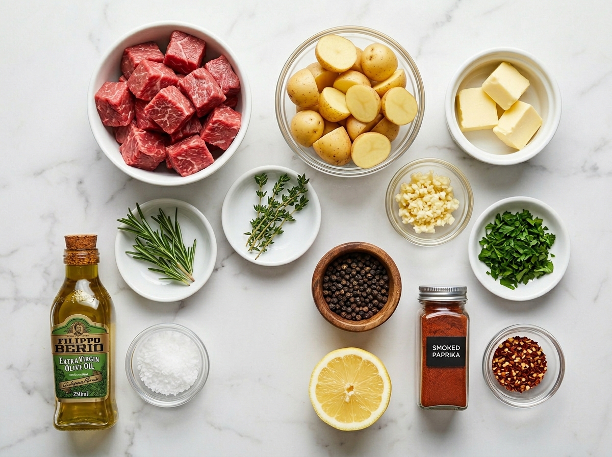 Raw steak, baby potatoes, garlic, butter, herbs, lemon, and seasonings