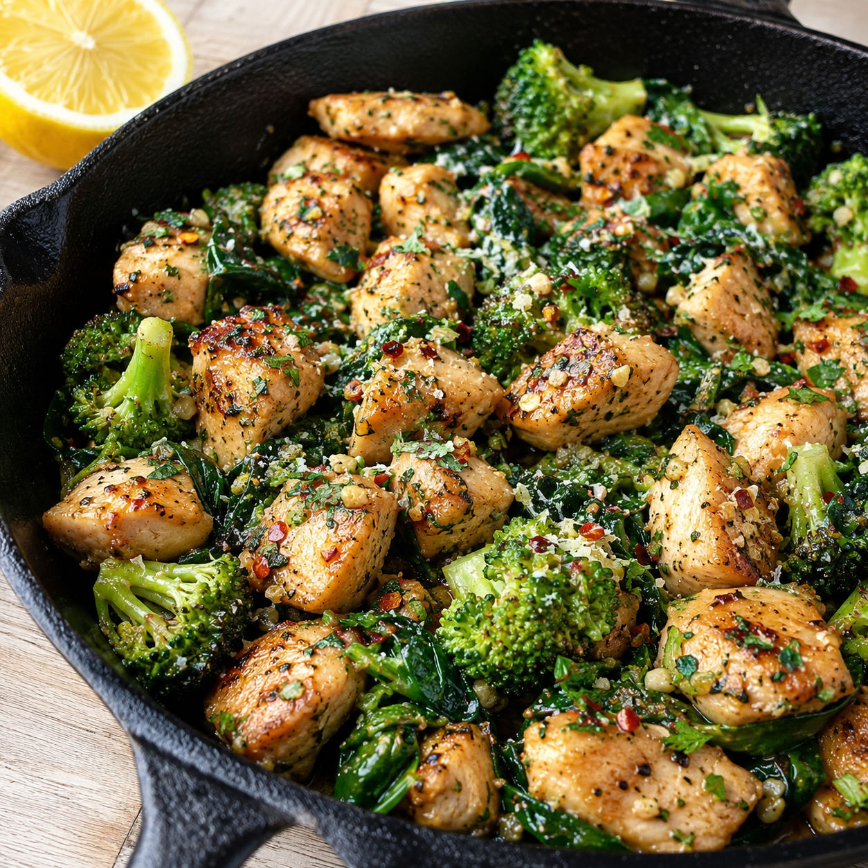 Garlic chicken with broccoli and spinach in a cast-iron skillet