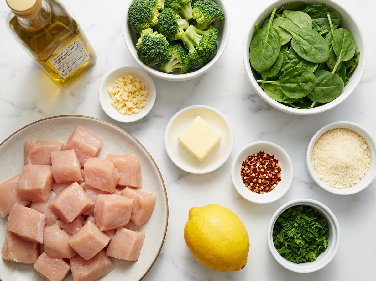 Raw ingredients for garlic chicken broccoli spinach skillet